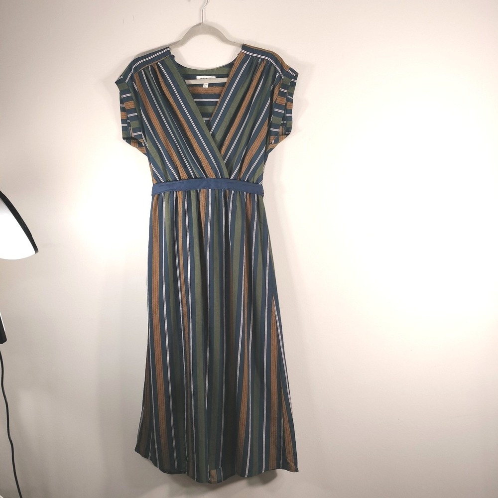 Monteau Los Angeles Striped Midi Dress Blue Green Mustard Surplice 59786 Mens M
